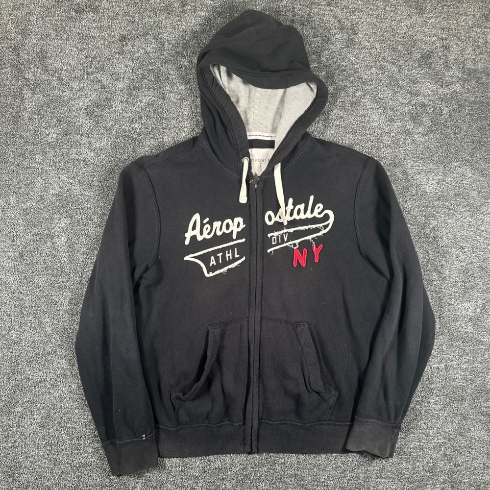 Y2K Aeropostale Hoodie Mens L Black Full Zip NY Graphic Embroidered Fleece